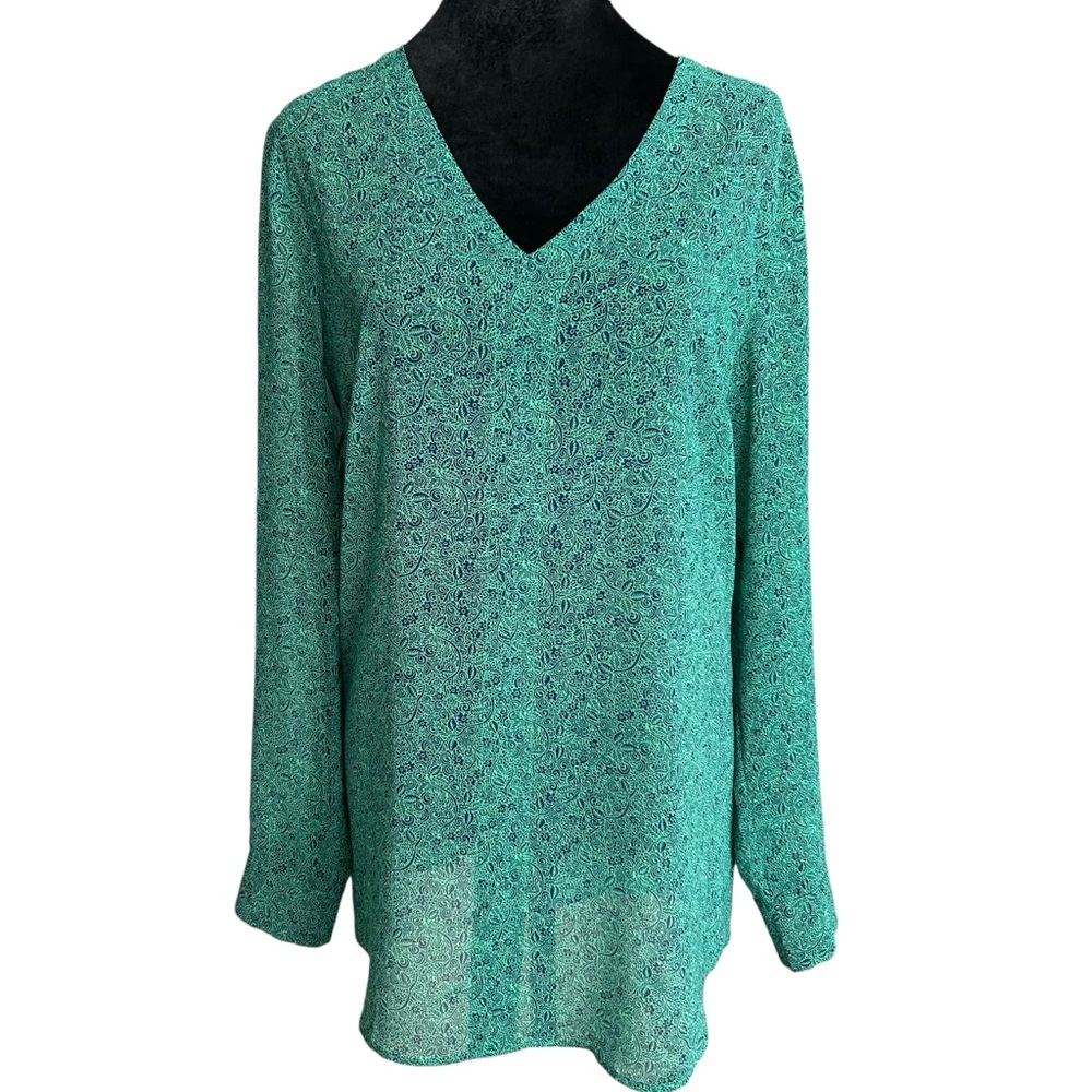 •CAbi Bountiful Sheer Blouse. Green & Navy. Size M - Picture 2 of 10